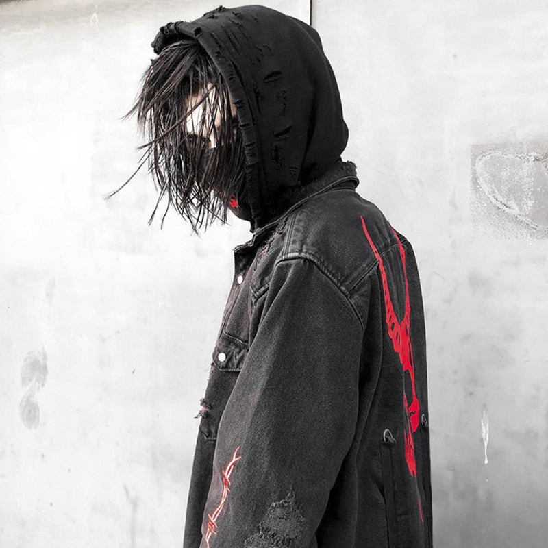 Denim Jacket Vintage - Skull Printing Denim Jacket Mens Harajuku