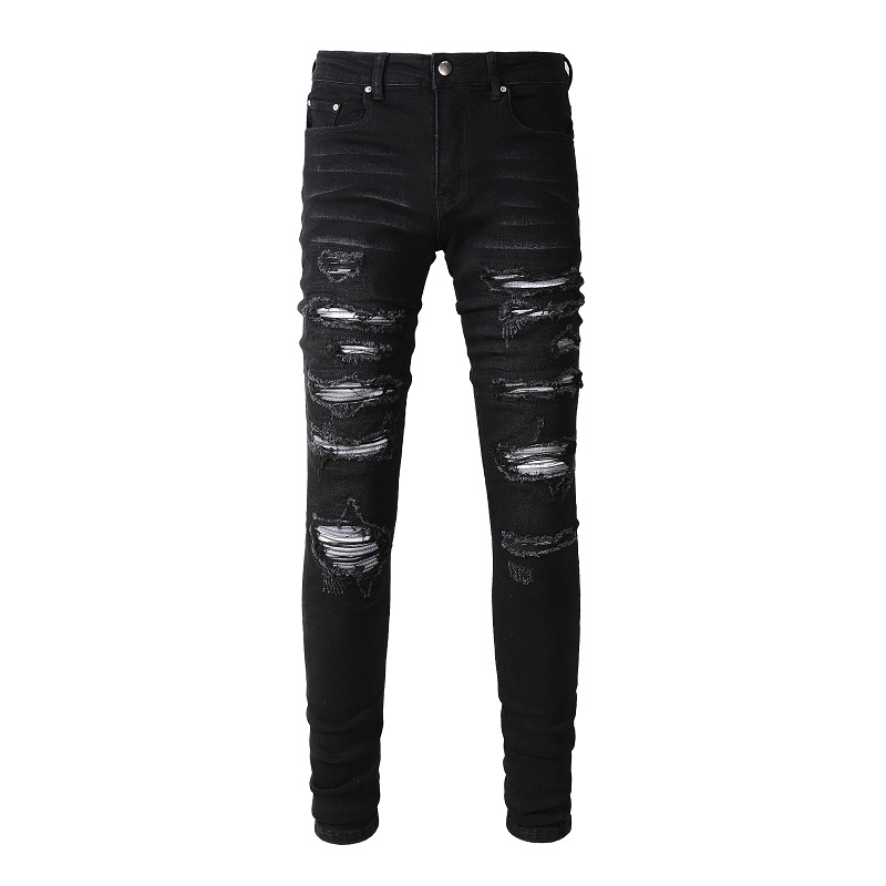 Skinny Jeans Ripped - Men Pleated Patch Biker Jeans Streetwear