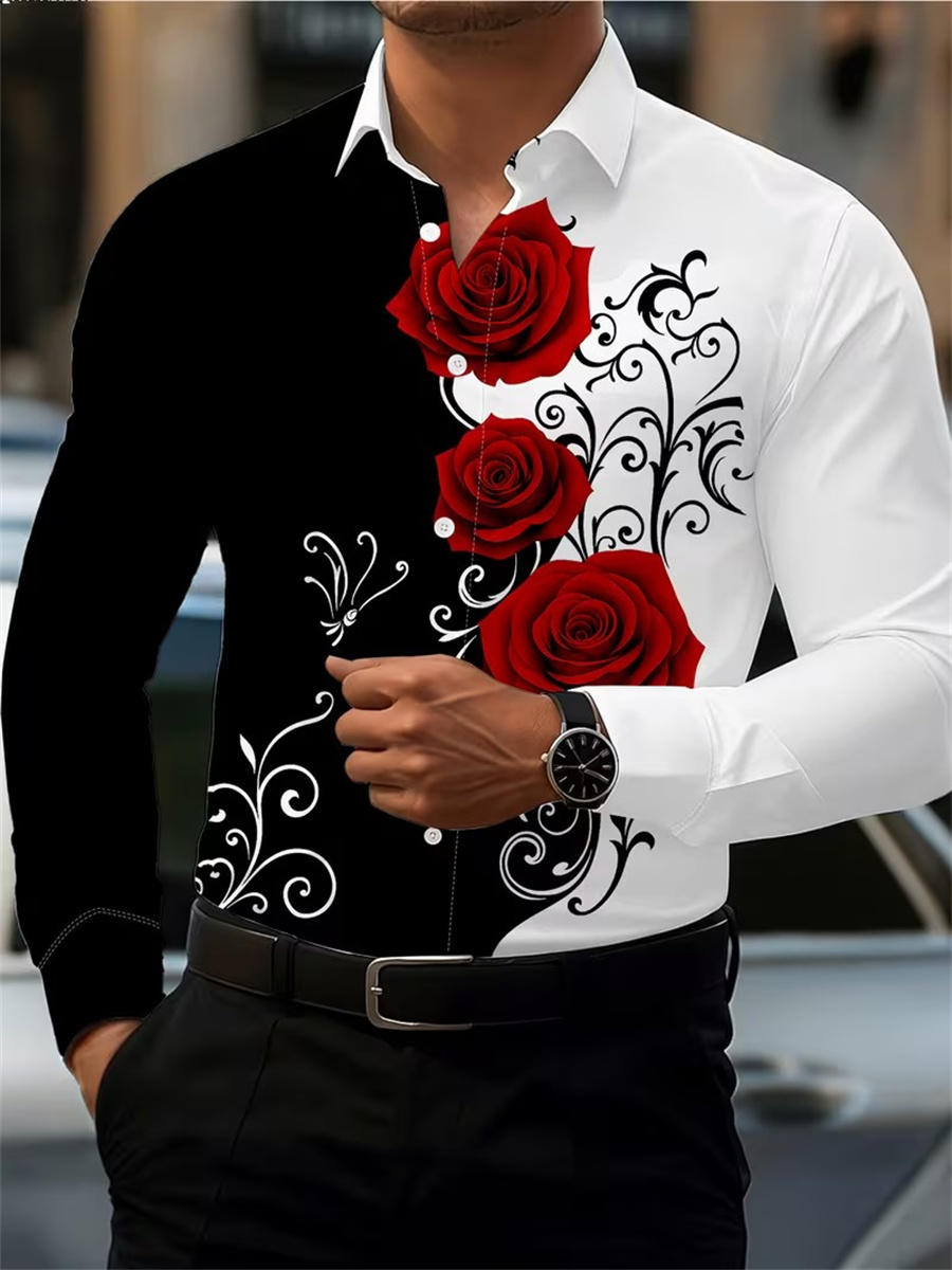 Men's Red Rose Print Long-Slee - Mens Fashion Style review and price