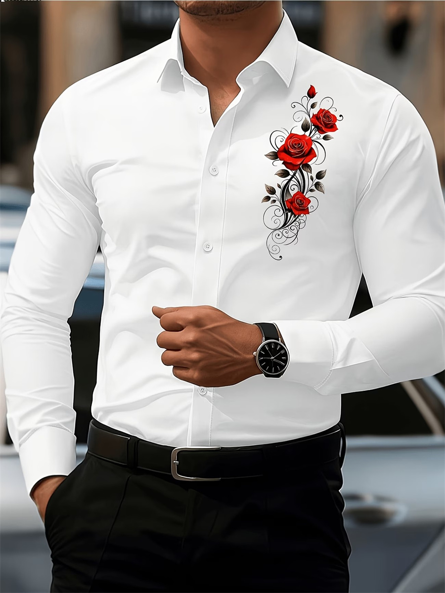 Men's Red Rose Print Long-Slee - Mens Fashion Style review and price
