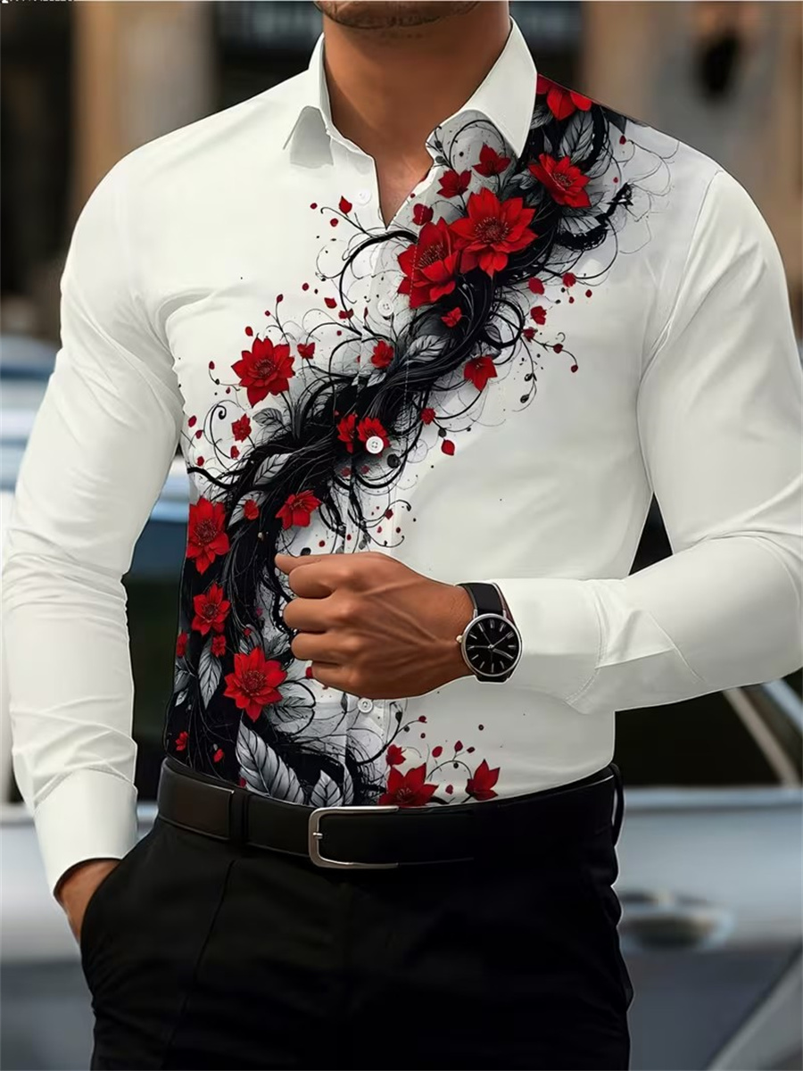 Men's Red Rose Print Long-Slee - Mens Fashion Style review and price